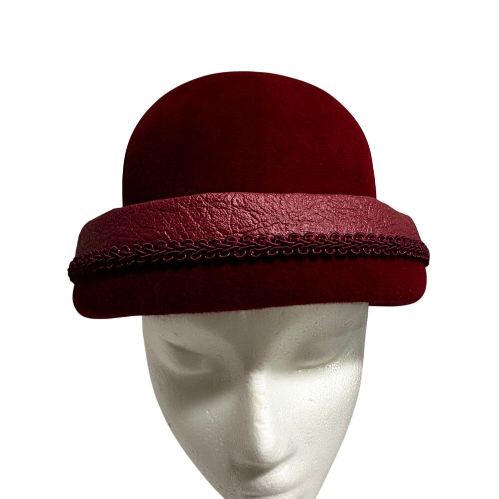 Vintage burgundy red felted wool bucket hat rolled brim Union Label bow trim